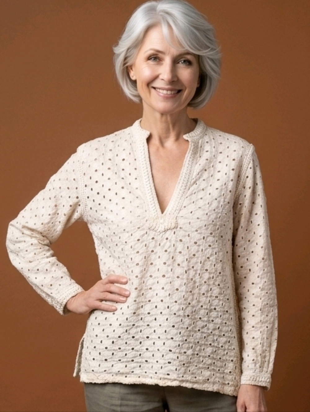 Zara Cream Eyelet V-Neck Sweater